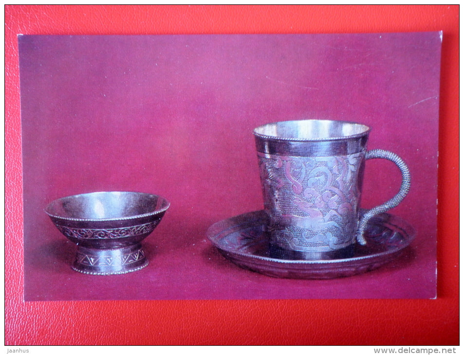 Cup and Saucer , silver - Georgian Chasing - 1970 - Russia USSR - unused - JH Postcards