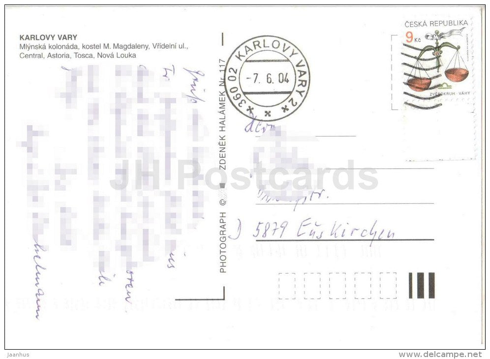 Mill colonnade - M. Magdalena church - streets - Central - Astoria - Tosca - Karlovy Vary - Karlsbad - Czech - used 2004 - JH Postcards