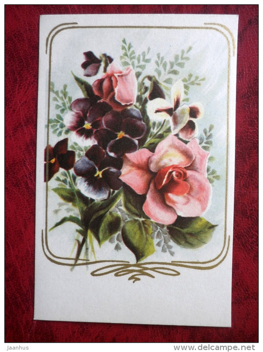 greeting card - roses - pansy - flowers - old postcard - unused - JH Postcards