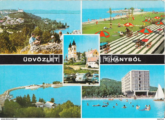 Udvozlet Tihanybol - Greeting from Tihany - cars - beach - multiview - 1982 - Hungary - used - JH Postcards