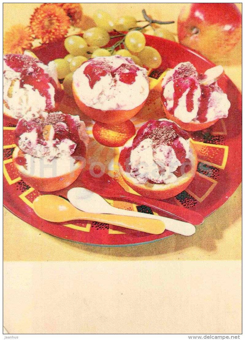 Oranges filled with ice cream - grape - cooking recepies - 1983 - Estonia USSR - unused - JH Postcards