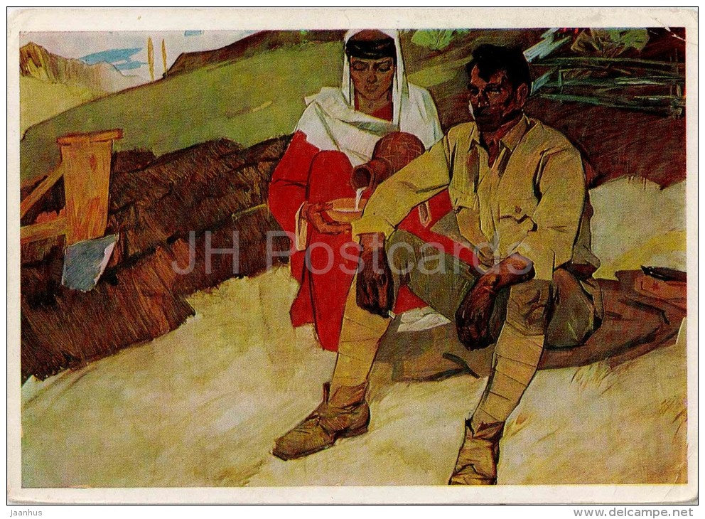 painting by V. Lonin - First spring , 1967 - man and woman - field - plow - russian art - unused - JH Postcards