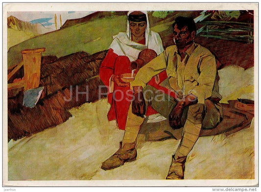 painting by V. Lonin - First spring , 1967 - man and woman - field - plow - russian art - unused - JH Postcards