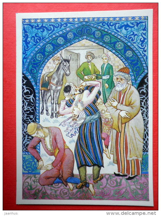 illustration by A. Melikhov - Ali Shar and Zumurrud - donkey - 1001 Nights - 1987 - Russia USSR - unused - JH Postcards