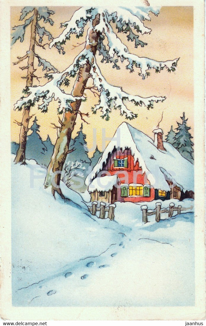 winter house - illustration - Amag 3609 - old postcard - used - JH Postcards