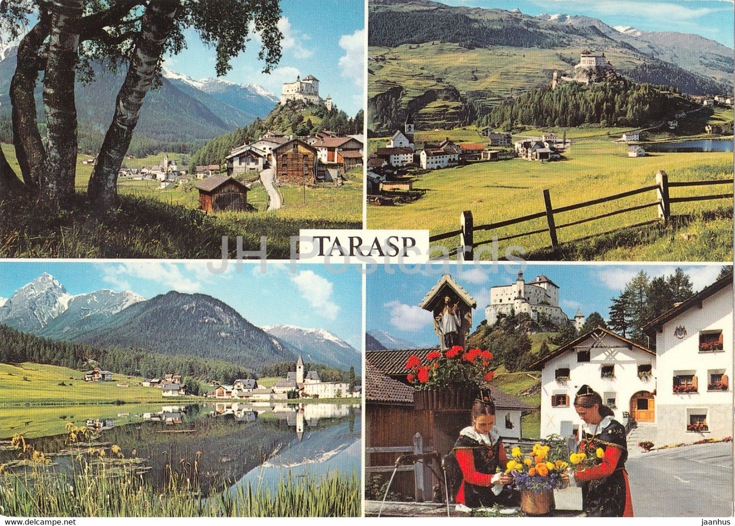 Schloss Tarasp mit Sparsels - Taraspersee - Val Plavna - folk costumes - multiview - 1972 - Switzerland - unused - JH Postcards