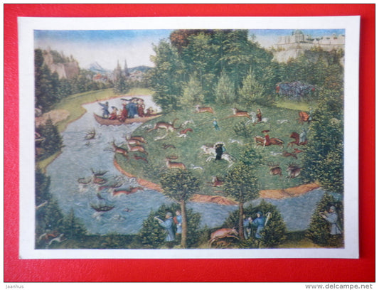 painting by Lucas Cranach the Elder . Deerstalking - german art - unused - JH Postcards