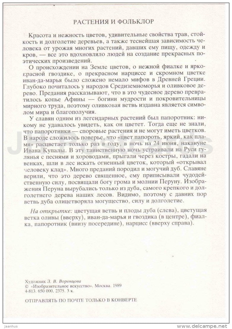 fern - violet - carnation - oak - olive - narcissus - Legendary plants - Amazing Plants - 1989 - Russia USSR - unused - JH Postcards