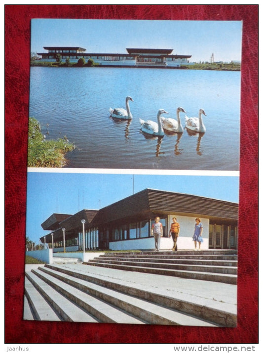 Võrumaa - Lenin collective farm office building, an artificial lake,  swans - birds - 1984 - Estonia - USSR - unused - JH Postcards