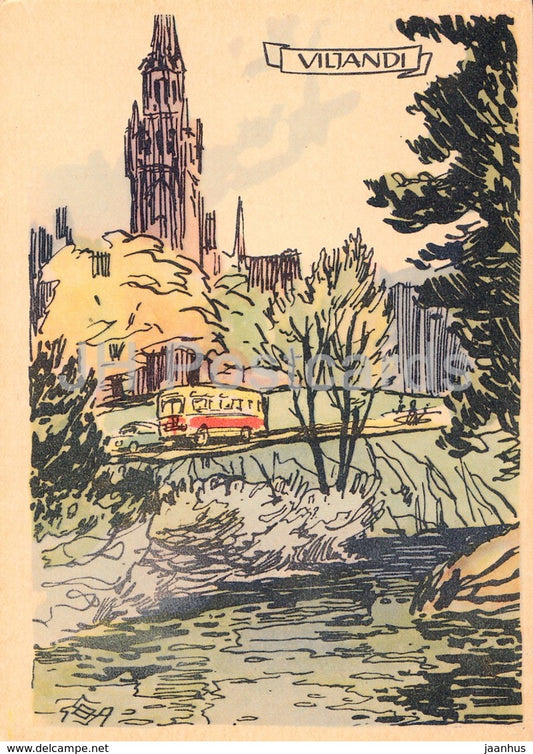 motif - bus - Viljandi - Illustration by O. Soans - 1960 - Estonia USSR - unused - JH Postcards