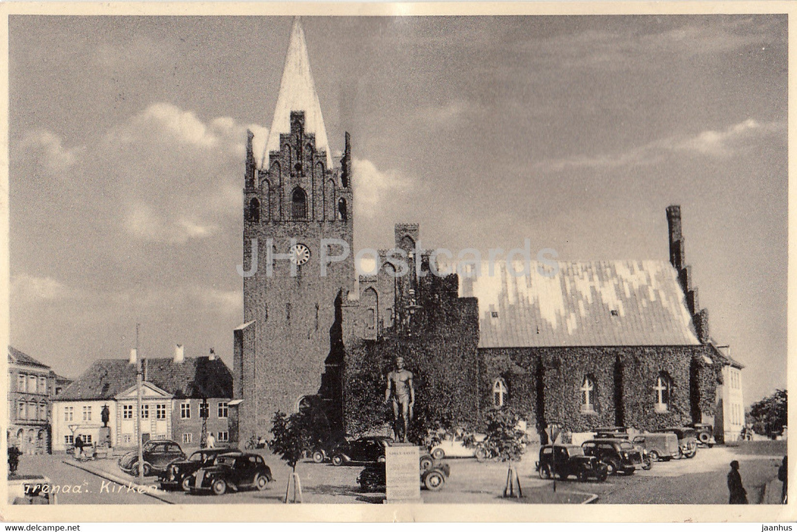 Grenaa - Kirken - church - old car - old postcard - 1953 - Denmark - used - JH Postcards