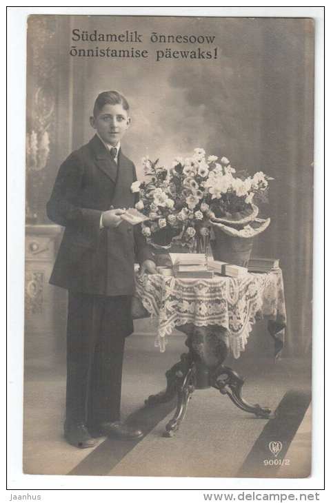 Boy - flowers - HB 9001/2 - old postcard - circulated in Estonia - used - JH Postcards