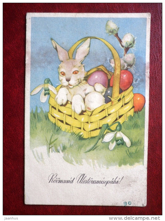 Easter Greeting Card - hare - eggs - basket - WO 1725 - 1920s-1930s - Estonia - used - JH Postcards