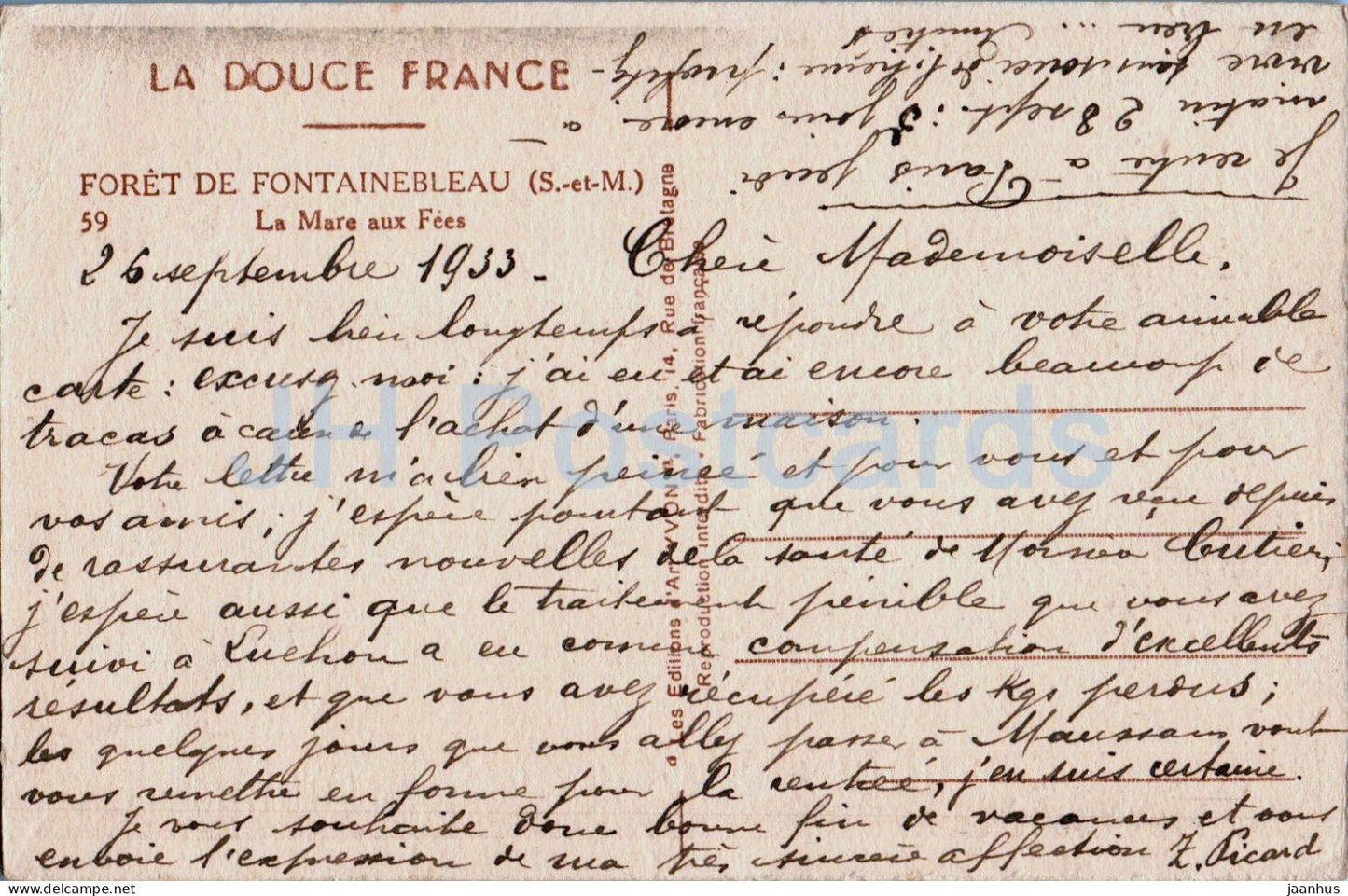 Foret de Fontainebleau - La Mare aux Fees - La Douce France - 59 - old postcard - 1933 - France - used
