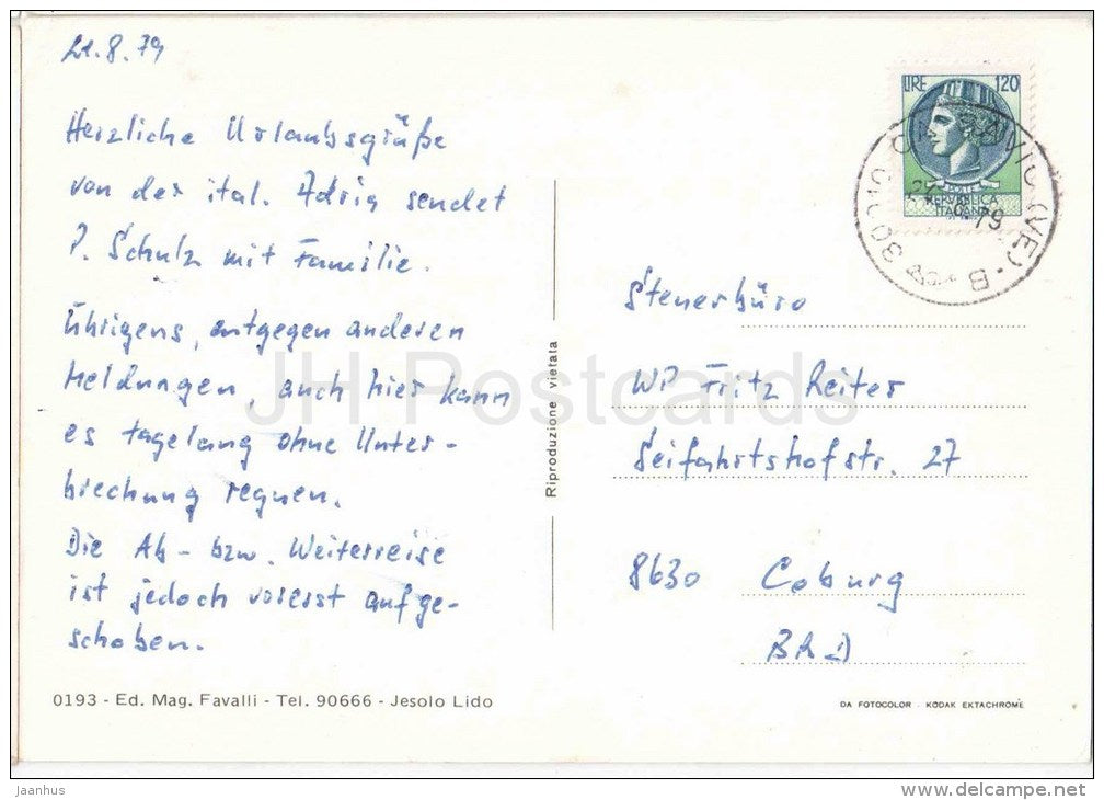 Saluti da Jesolo , Souvenir - beach - Veneto - Venezia - 0193 - Italia - Italy - sent from Italy to Germany 1979 - JH Postcards