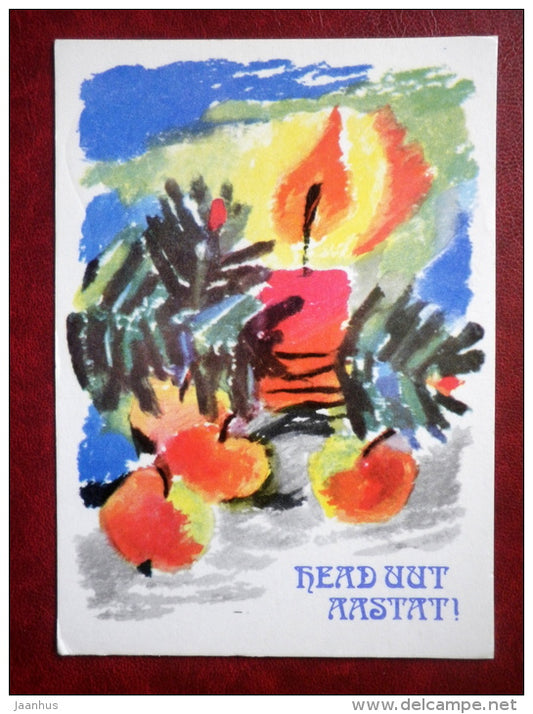 New Year Greeting card - illustration by A. Jõers - apples - candle - 1976 - Estonia USSR - used - JH Postcards