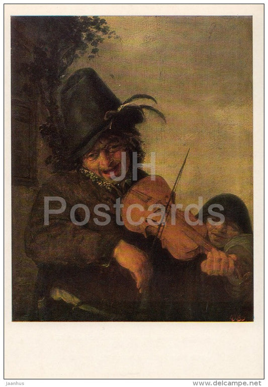 painting by Adriaen van Ostade - Wandering musician , 1648 - violin - Dutch art - Russia USSR - 1985 - unused - JH Postcards