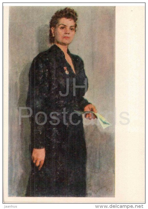 painting by M. Bozhiy - Portrait of People's Artist of the USSR O. Kusenko , 1952 - actress - ukrainian art - unused - JH Postcards
