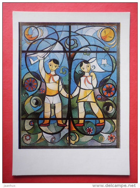 Summer by N. Sondore - pioneers - Stained Glass - window - Latvia USSR - unused - JH Postcards