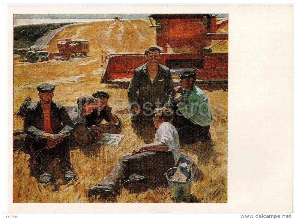painting by N. Golyushev - Harvest , 1973 - harvester - workers - russian art - unused - JH Postcards