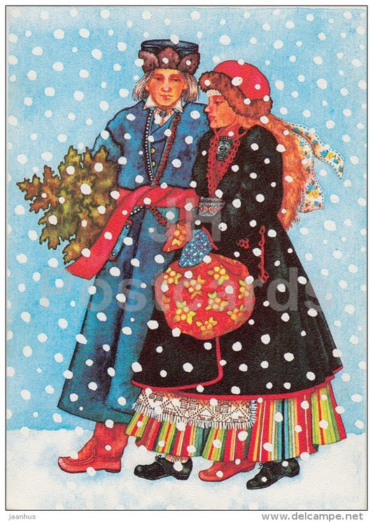 New Year Greeting Card by V. Noor - 1 - People in Estonian Folk Costumes - 1989 - Estonia USSR - used - JH Postcards