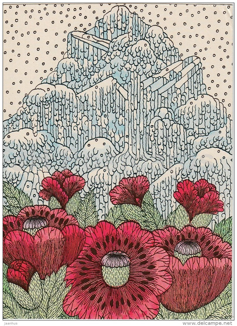 illustration by M. Vint - flowers - 1985 - Estonia USSR - used - JH Postcards