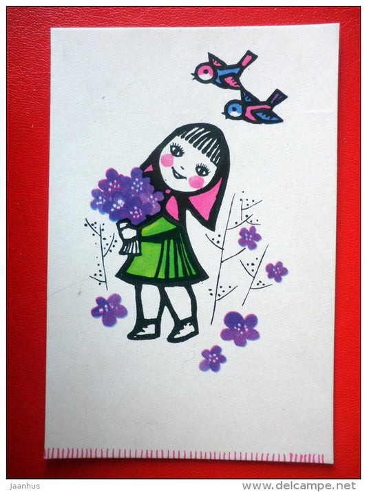illustration by A. Skliutaskaite - Greeting Mom - girl - birds - flowers - Ambers - 1967 - Russia USSR - unused - JH Postcards