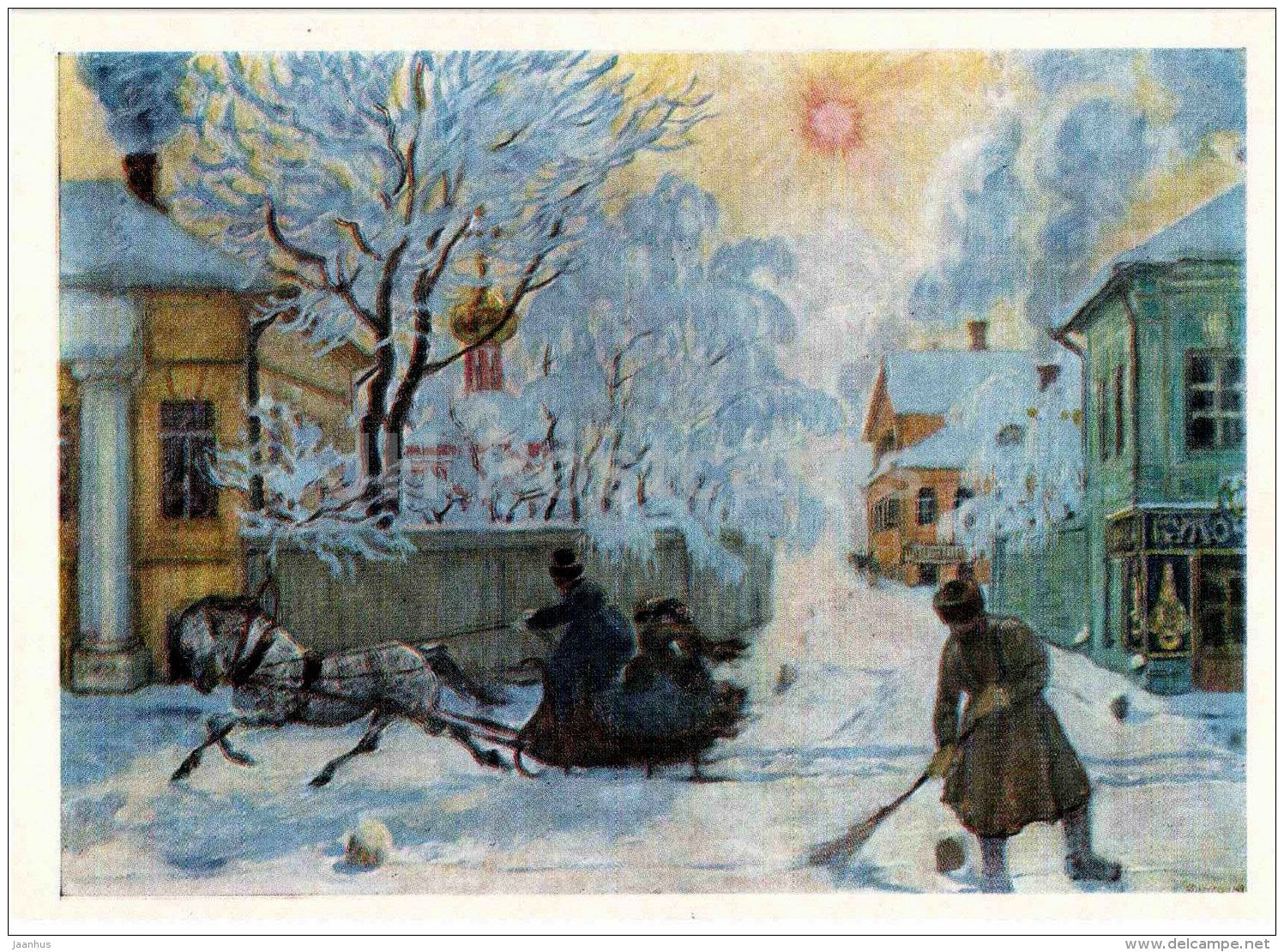 painting by B. Kustodiev - Freezing Day , 1913 - horse sledge - Winter - russian art - Russia USSR - 1980 - unused - JH Postcards