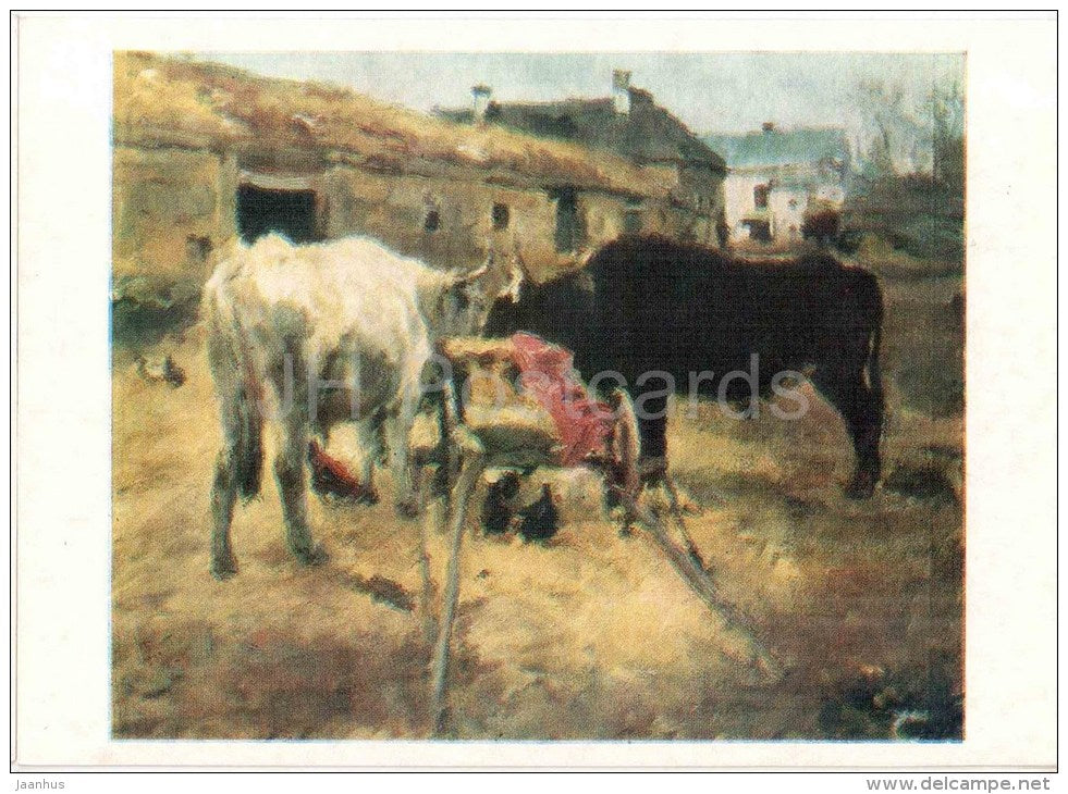 painting by V. Serov - Oxen , 1885 - carriage - russian art - unused - JH Postcards