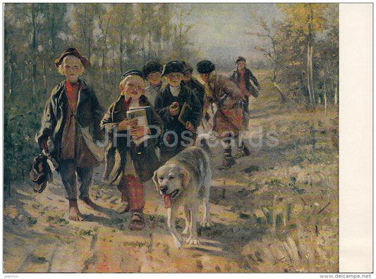 painting by V. Makovsky - To school with a dog , 1911 - Russian art - large format - 1966 - Russia USSR - unused - JH Postcards