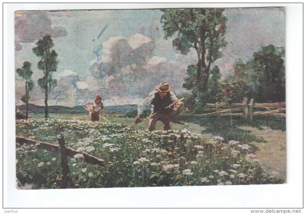 illustration - mowing - serie 321 - old postcard - circulated in Estonia 1928 - used - JH Postcards