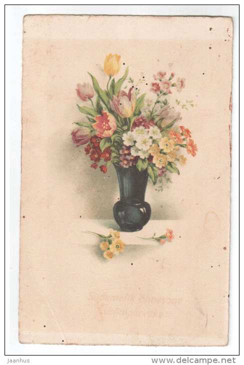 Birthday Greeting Card - flowers - tulips - old postcard- unused - JH Postcards