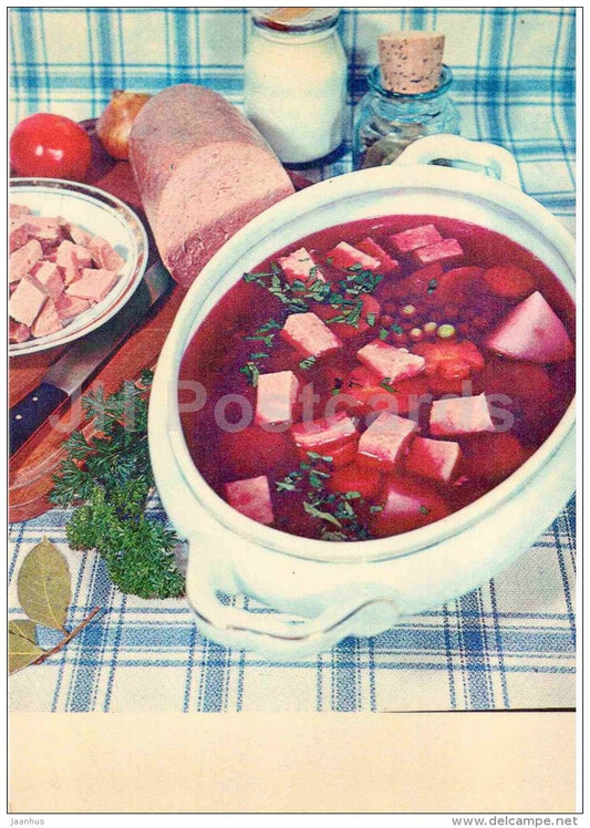 beetroot with boiled sausages - sour creame - cooking recepies - 1983 - Estonia USSR - unused - JH Postcards