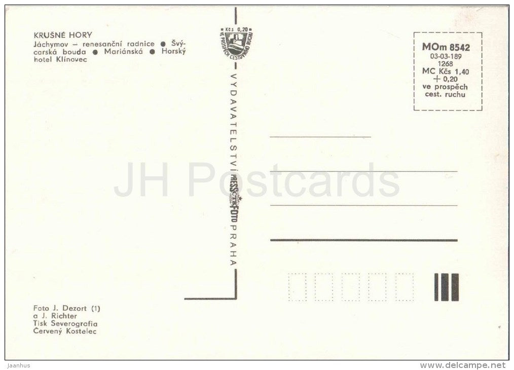 Krušné hory - Jachymov - town hall - Marianska - hill hotel Klinovec - Czechoslovakia - Czech - unused - JH Postcards