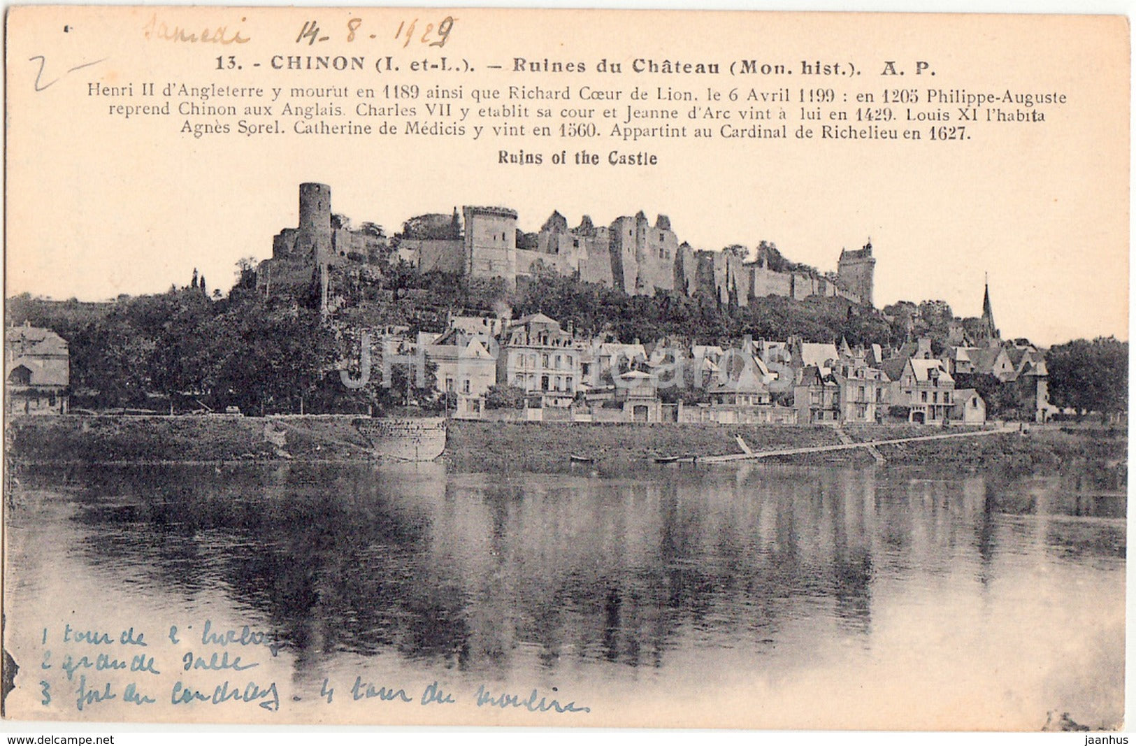 Chinon - Ruines du Chateau - 13 - 1929 - old postcard - France - used - JH Postcards