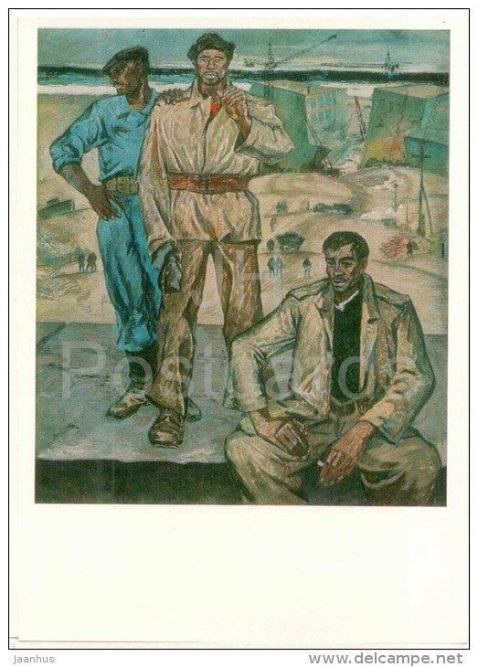 painting by Elbek Mirza ogly Rzakuliyev - The Land of Man , 1970 - construction - crane - azerbaijan art - unused - JH Postcards