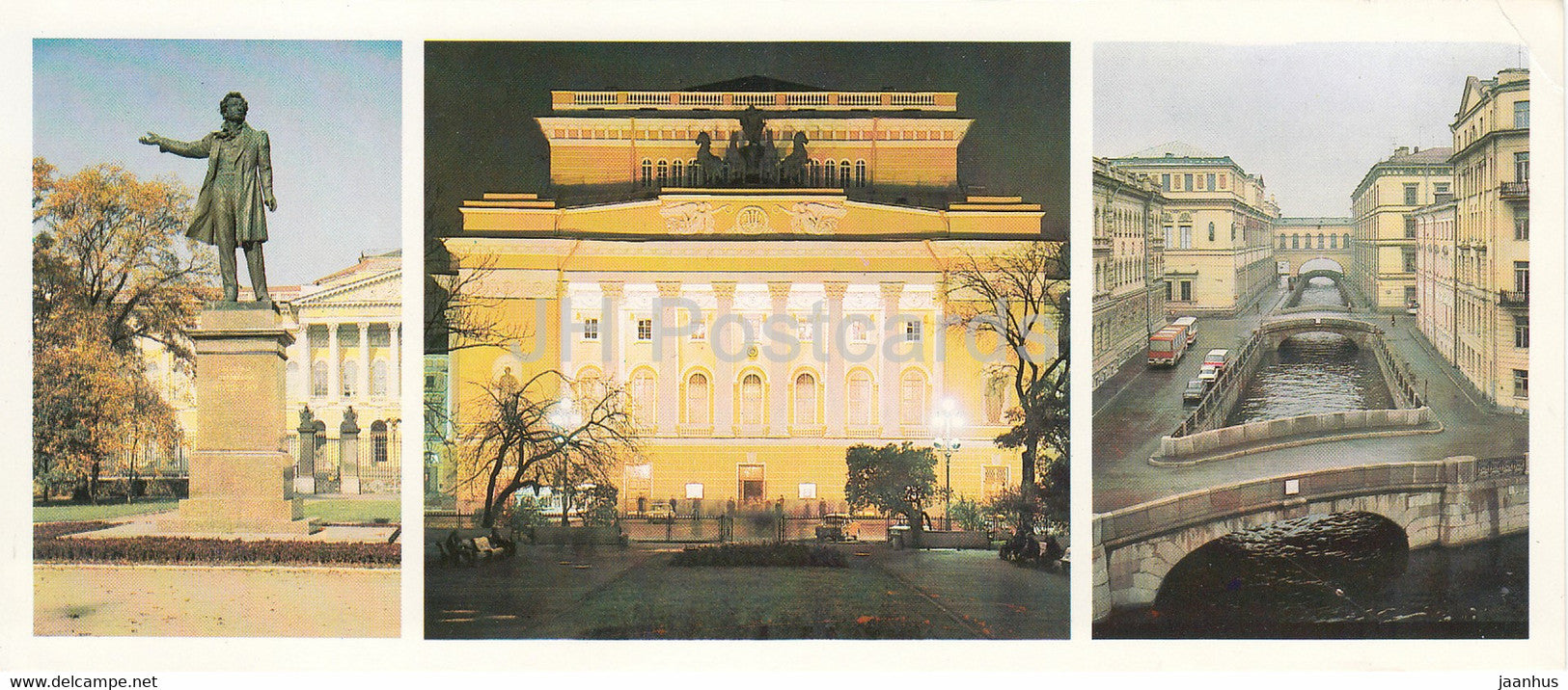 Leningrad - St Petersburg - monument to Pushkin - Drama Theatre - Zimnyaya canal - bus Ikarus 1982 - Russia USSR - used - JH Postcards