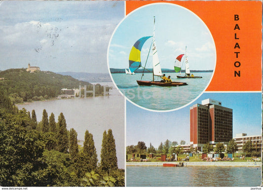 Greetings from lake Balaton - sailing boat - hotel - view - multiview - 1984 - Hungary - used - JH Postcards
