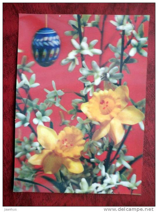 Switzerland - 3D - stereo - Easter - Narcissus - eggs - flowers - sent in Finland -  stamped!! - used - JH Postcards