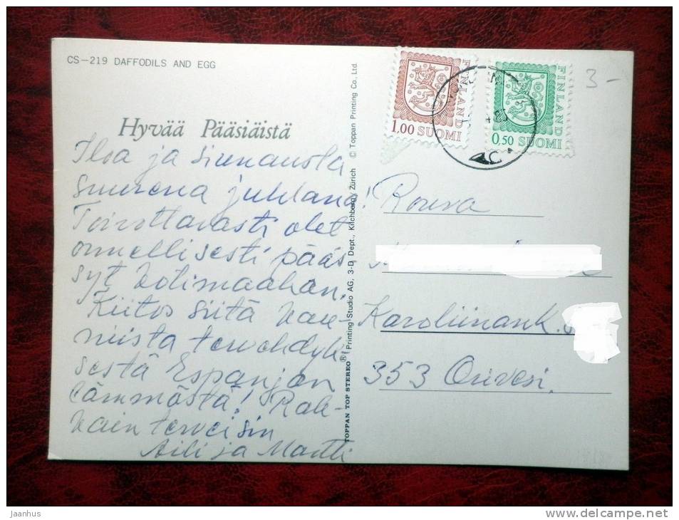 Switzerland - 3D - stereo - Easter - Narcissus - eggs - flowers - sent in Finland -  stamped!! - used - JH Postcards