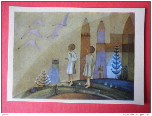 painting by Kazys Simonis - Birds Are Flying . 1929 - children - lithuanian art - unused - JH Postcards