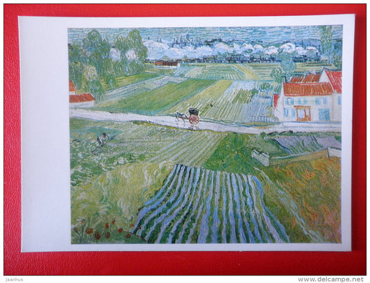 painting by Vincent van Gogh . Landscape at Auvers in the Rain - carriage - dutch art - unused - JH Postcards