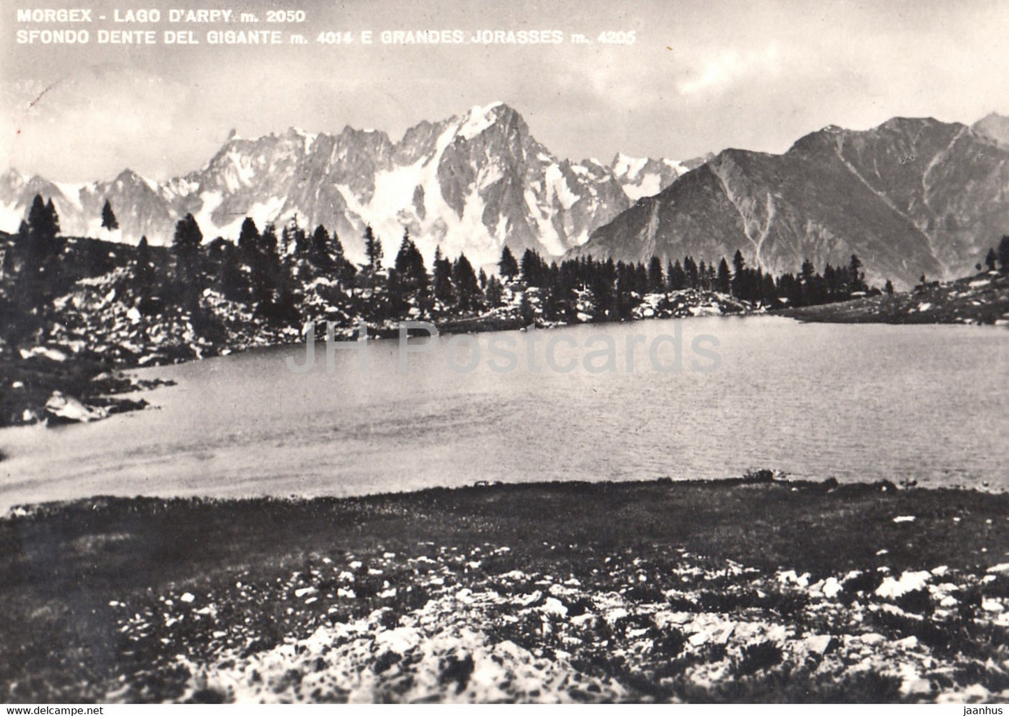Morgex - Lago d'Arpy 2050 m - Sfondo dente del Gigante 4014 m - Grandes Jorasses - old postcard - 1950 - Italy - used - JH Postcards