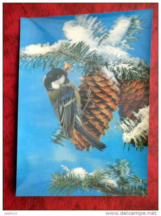 Switzerland - 3D - stereo - New Year - Christmas - birds - cones - sent in Finland - used - JH Postcards