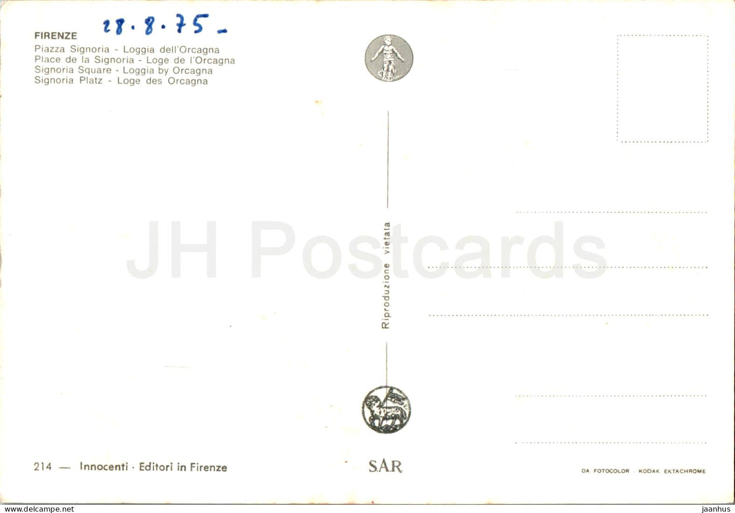 Firenze - Florence - Piazza Signoria - Loggia dell'Orcagna - square - 214 - 1975 - Italy - used