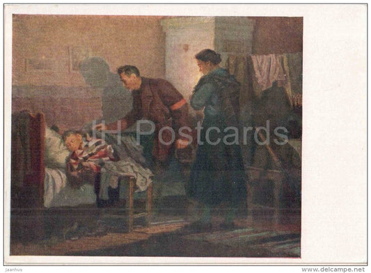 painting by F. Nevezhin - In the October Days - sleeping boy - revolution - russian art - unused - JH Postcards