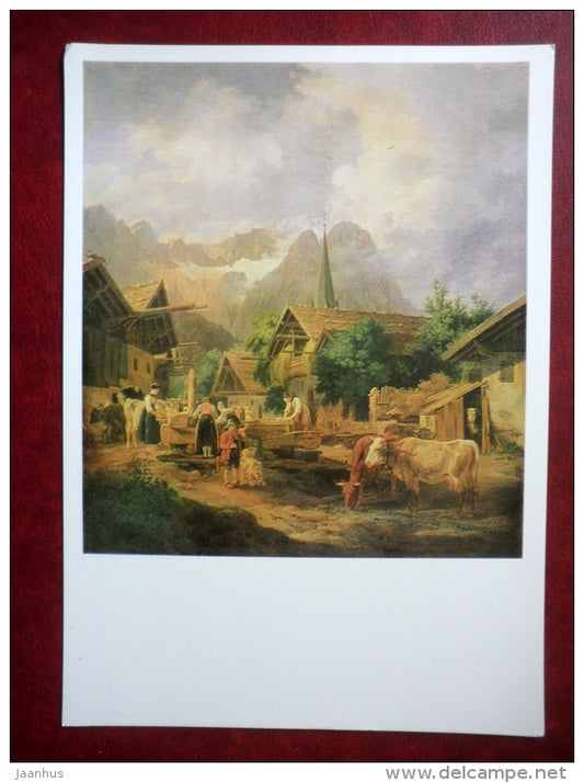 large format postcard - painting by Peter von Hess - Morning in Partenkirchen , 1819 - cows - german art - unused - JH Postcards