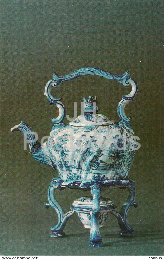Teapot with the image of genre scenes and colors - 1 - Faience - Delftware - 1974 - Russia USSR - unused - JH Postcards