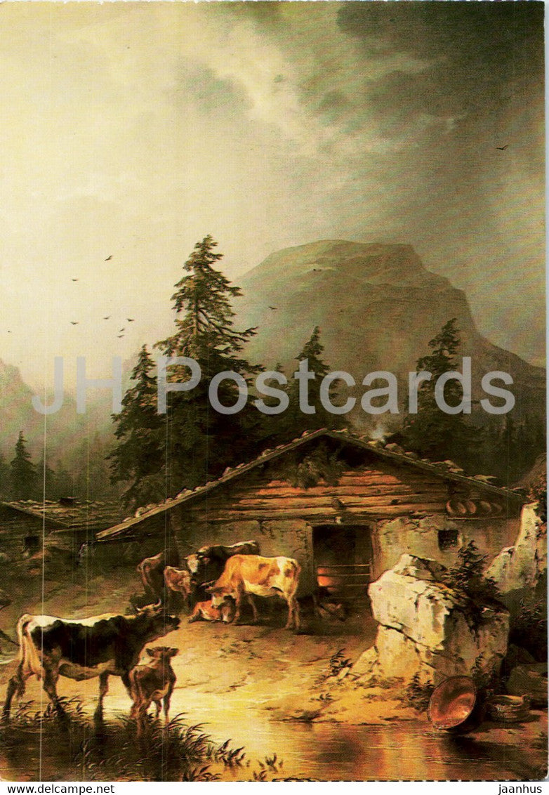 painting by Friedrich Gauermann - Seeauer Alpenhutte im Regenwetter - Austrian art - Austria - unused - JH Postcards