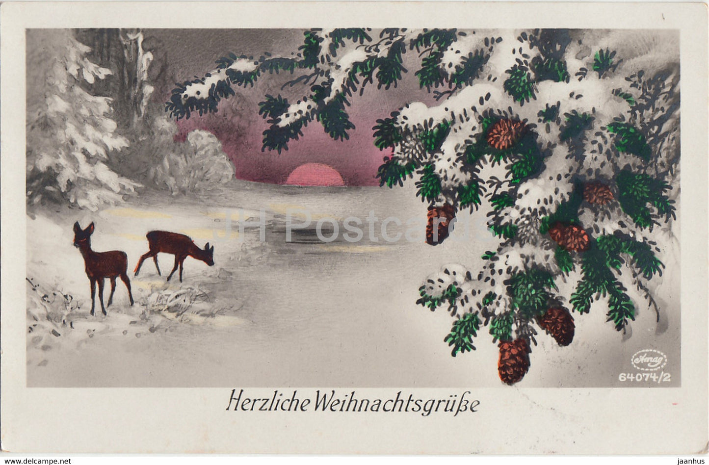Christmas Greeting Card - Herzliche Weihnachtsgrusse - winter - deer - Amag 64074/2 - old postcard - 1929 Germany - used - JH Postcards